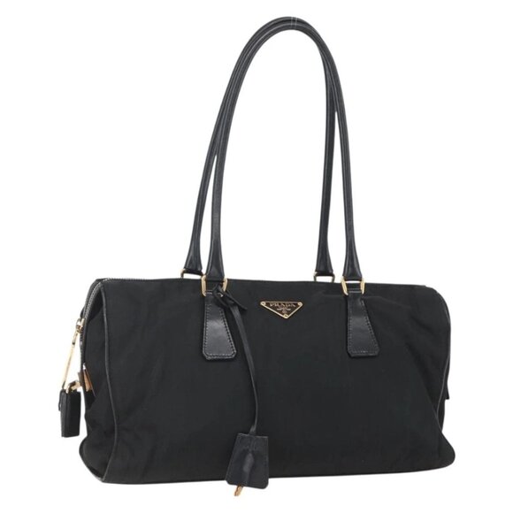 PRADA Hand Bag Nylon Black Gold Auth am10156